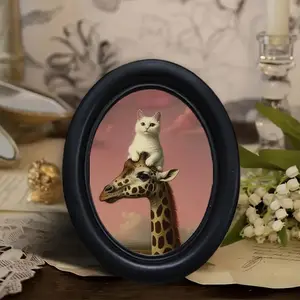 1count, Whimsical White Cat on Giraffe Head Oval Wooden Frame Photo Frame - Handmade Rustic Farmhouse Wall Art,Desktop Plaque， 6.8x8.7 Inch, Perfect for Living Room & Bedroom Decor, Halloween Decoration, Perfect for Room Decor, Home Decor Accessory