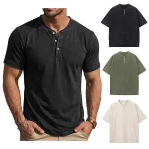 Gihuo 3 Pack Henley Shirts for Men Short Sleeve Cotton Acid Wash Tshirt Summer Vintage Oversized T Shirts Tees