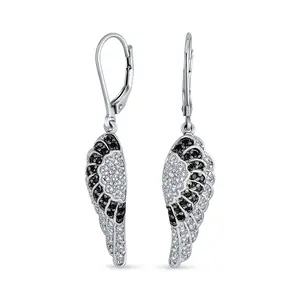 Spiritual Guardian Angel Wing Drop Earrings Feather Black White CZ Lever Back Rhodium Plated