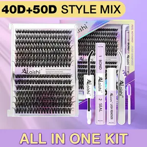 【Live Exclusive】Ailaishi Mixed Length False Eyelashes with Bond and Seal & Remover &Tweezers,30D40D/4050D Individual Lashes Kit, Lashes Glue Extension, Individual Eyelash, Lashes Clusters, Cosmetic, #Summervibes