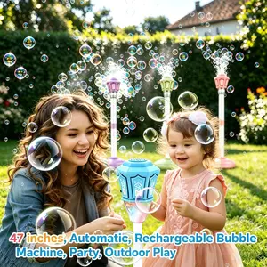Rechargeable Automatic Bubble Blower with Lights & Music, 47" Adjustable Bubble Machine, 10 Refills, Kids Party Toy, Wedding Decor, Camping Fun, Adjustable Bubble Maker