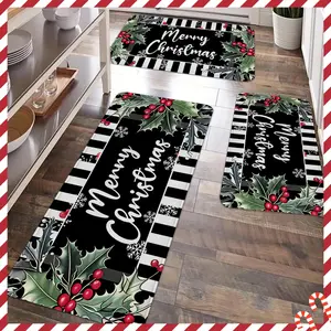 2/3pcs Christmas Kitchen Carpet Floor Mat, Merry Christmas Tree Floor Mat, Holly Fruit Pattern Flannel Non slip Floor Mat, Suitable for Kitchen, Entrance Door, Laundry Room, Bathroom, Living Room, Room Christmas Decoration Floor Mat, Kitchen Runner Rug
