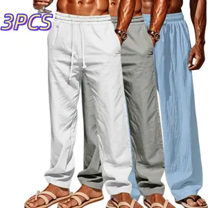 Men’s drawstring elastic-waist loose casual pants, 3-pack. Simple, lightweight, breathable, skin-friendly, and comfortable. Versatile straight-leg fit for everyday wear and seaside outings.