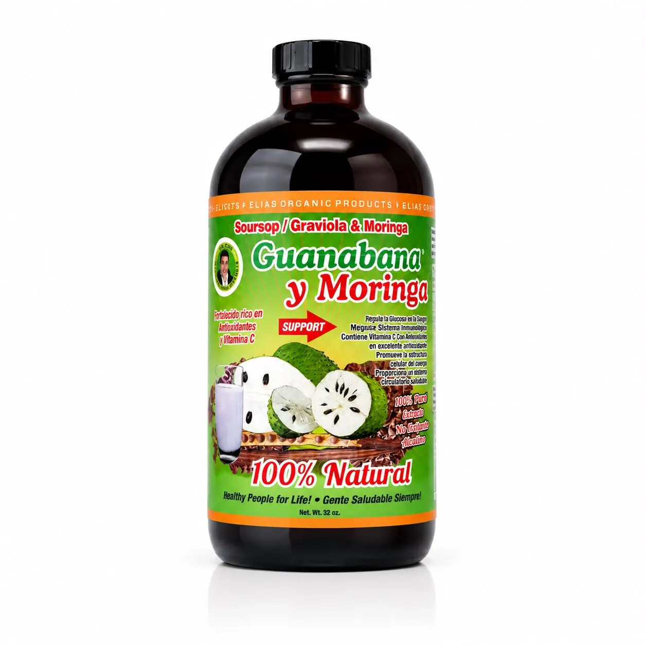 Elias Soursop (Guanábana) & Moringa 100% Natural Healthcare Liquid Supplement Tónico, 32oz Dietary Herbal Nutritional Supplement Fitness Edible
