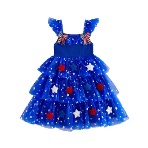 PYBCVRRD Kids Baby Little Girls 4th of July Dress 3D Stars Bow Flying Sleeve Square Neck Tulle Tutu Dress Princess Party Sundress 1-6 Years