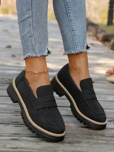 Women's Fashion Thick Rubber Sole Loafers, Buckle Design, Casual Slip-On Walking Shoes, PU Leather Upper, All Seasons Wear
