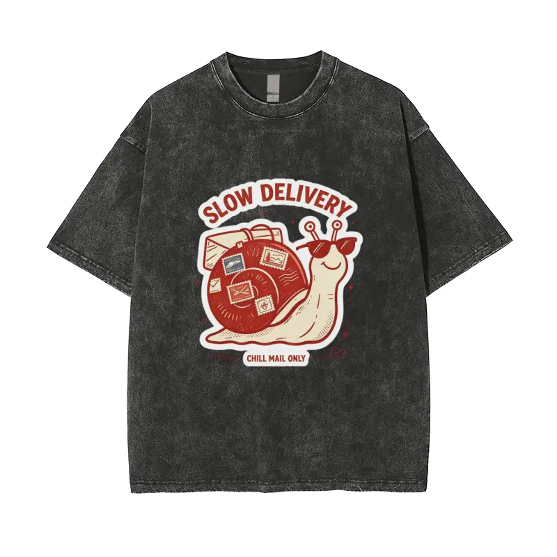 Vintage Slow Delivery Snail Graphic T-Shirt, Cute Cartoon Animal Print Washed Tee, Funny Casual Streetwear Shirt for Men Women
