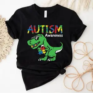 [100% Cotton] Unisex🦕 Autism Awareness Graphic Tee Dino Shirt Soft Breathable Casual Cotton T-Shirt Puzzle Piece Design Support Special Education Teacher Gift Trendy Inclusive Statement Top Comfortable Menswear Fits