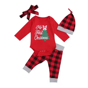 Ma&Baby Newborn Baby Boys Girls My 1st Christmas Outfits Xmas Tree Print Romper Plaid Pants Hat 4Pcs Fall Winter Set