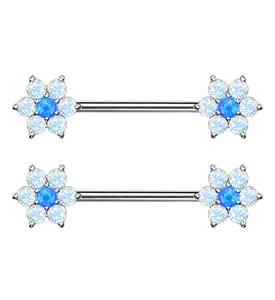 14G Blue & White Opalite Flower Nipple Ring Barbell