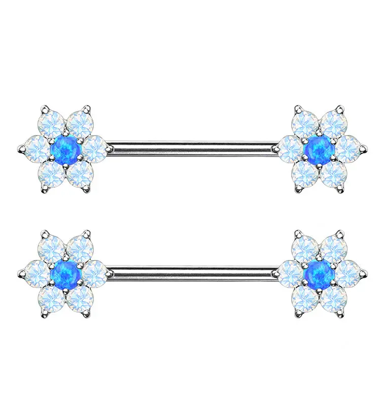 14G Blue & White Opalite Flower Nipple Ring Barbell