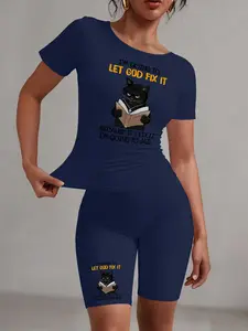 Cartoon Cat Graphic Women's  Short Top & Shorts Set, Casual Comfy Round Neck Short Sleeve Tee & Skinny Shorts, Ladies Clothes for Daily Wear, 2 Pieces Women Suits
