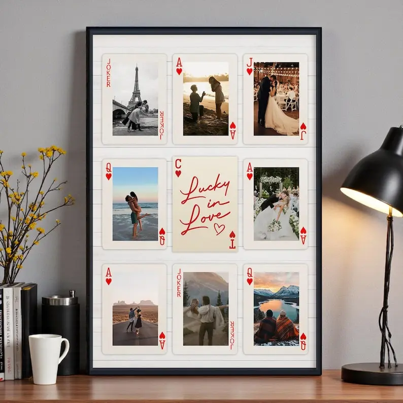 Personalised Playing Card Photo Collage Wall Art, Custom Couple Photos Memory Frame, 1st Year Anniversary Gift