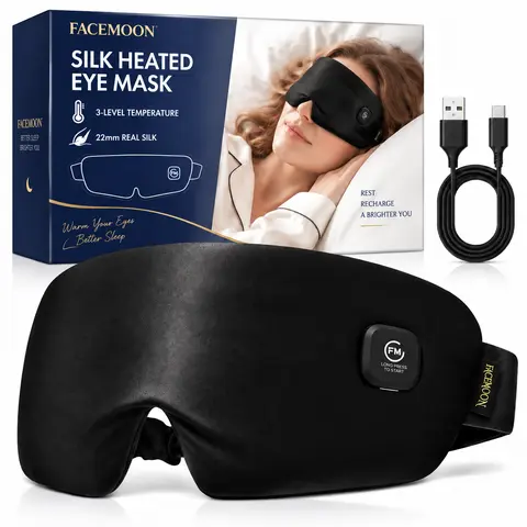 FACEMOON Smooth Cordless Self-Heating Silk Sleeping Eyemask - FSA Eligible, Adjustable, Anti-Stress, Moisturizing Warm Compress, Auto Shut-Off Timer, Removable, Rechargeable, Washable, Batteries Built-In, for Night Routine, Travel
