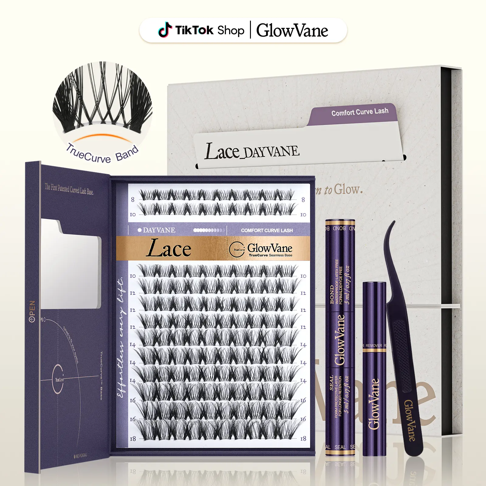 Lace | GlowVane TrueCurve Lash Clusters Kit Manga Volume 0.03mm Curved Band Soft Lightweight 8-18mm DD Curl DIY Lash Extensions for Beginners