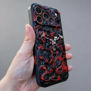 Hand-Painted 3D Gothic iPhone Case, Red Texture + 3D Nailed Skull, Dark Aesthetic, for iPhone 14/15/16/17 Pro / Pro Max,ip17promax phone case, designer, soft tpu cover, resistant