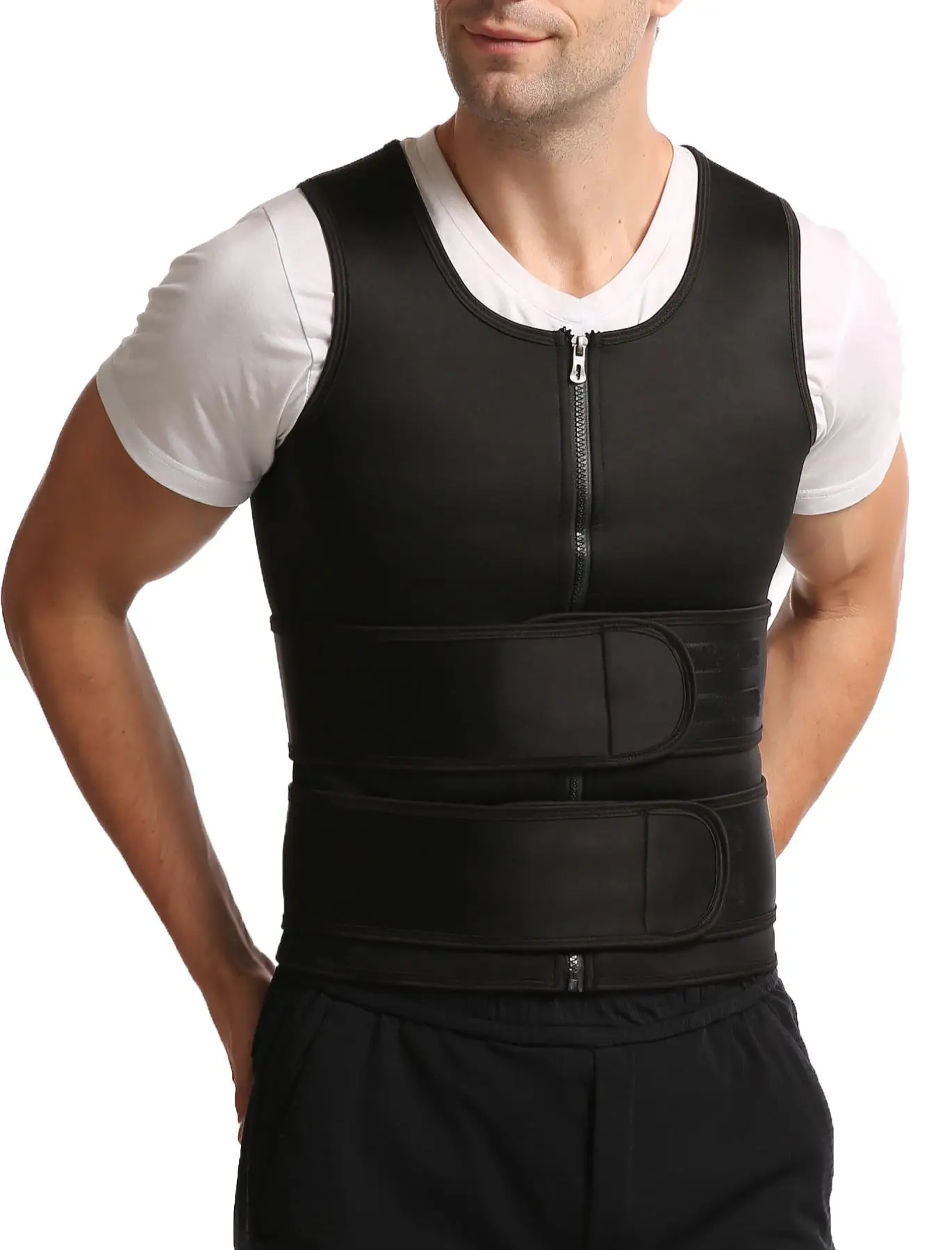 Men's Basic Tight Round Neck Sleeveless Shapewear Top, Adjustable Velcro Design Zip Front Shaper for Tummy Control, Waist Cincher for Sports Activitie