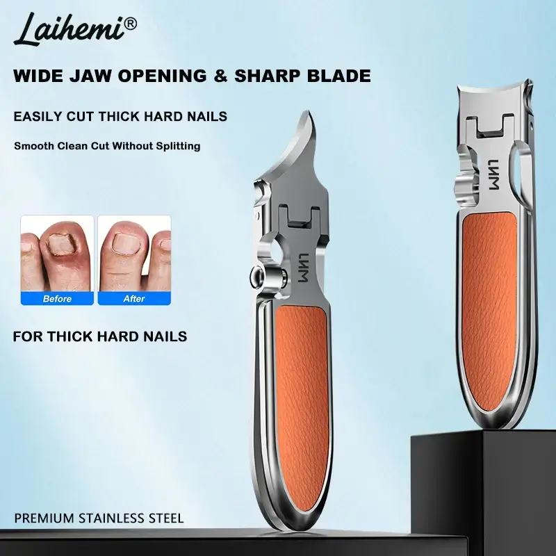 Laihemi 45° Slanted Wide Jaw Nail Clippers, Anti-Splash Stainless Steel Leather Grip for Thick Hard Toenails & Fingernails