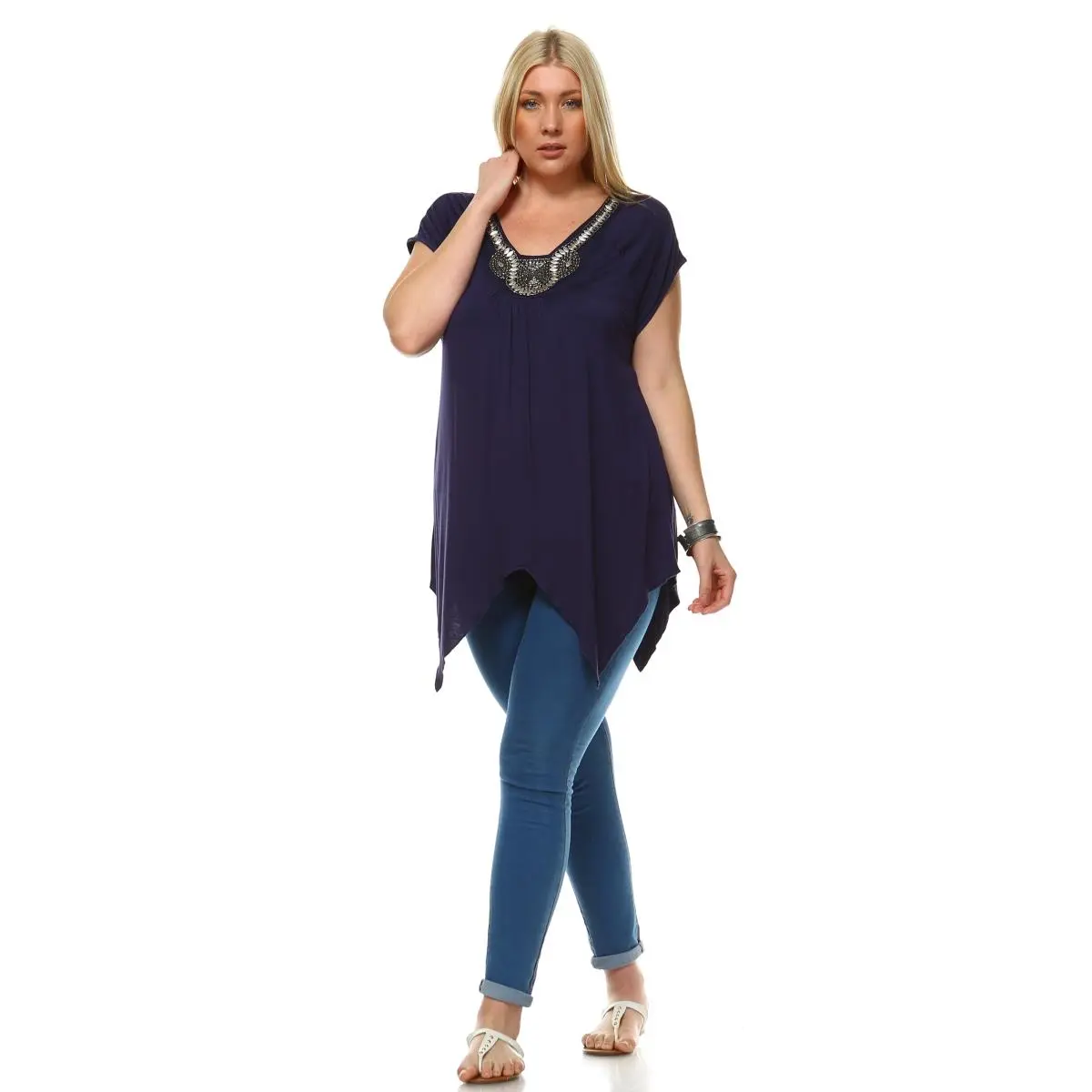 212 MAIN Women's Original Plus Size Elegant Rayon V-Neck Long Tunic Blouse with Grace Embellishments & Glimmer Accents, Navy PS1288-07-1XL - Women's Clothes, Tunic Cut Tops