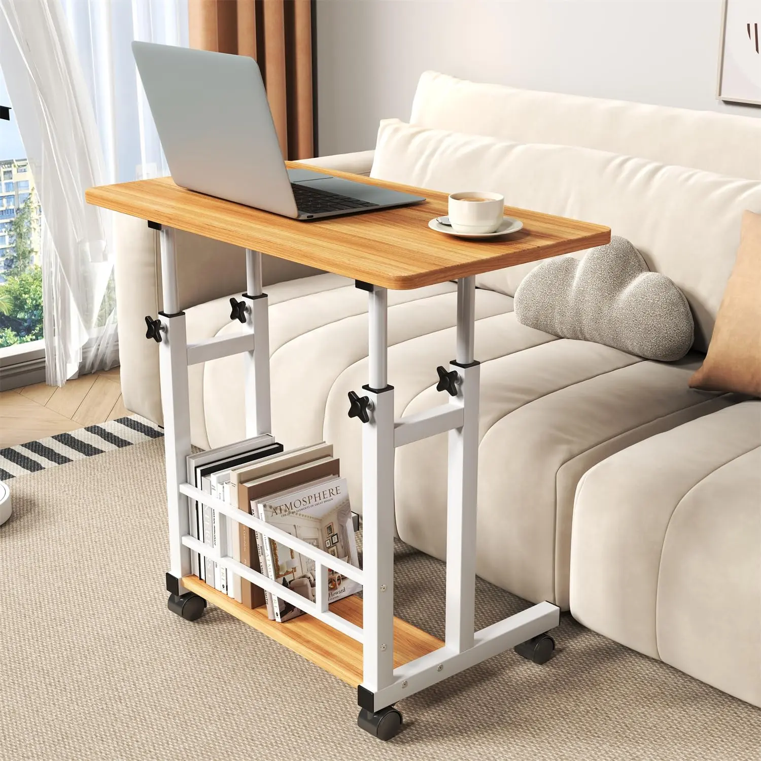 Garvee 31.5" Portable Rolling Laptop Table with Wheels - Sit to Stand Workstation with Locking Casters for Home Office, Treadmill & Computer Use