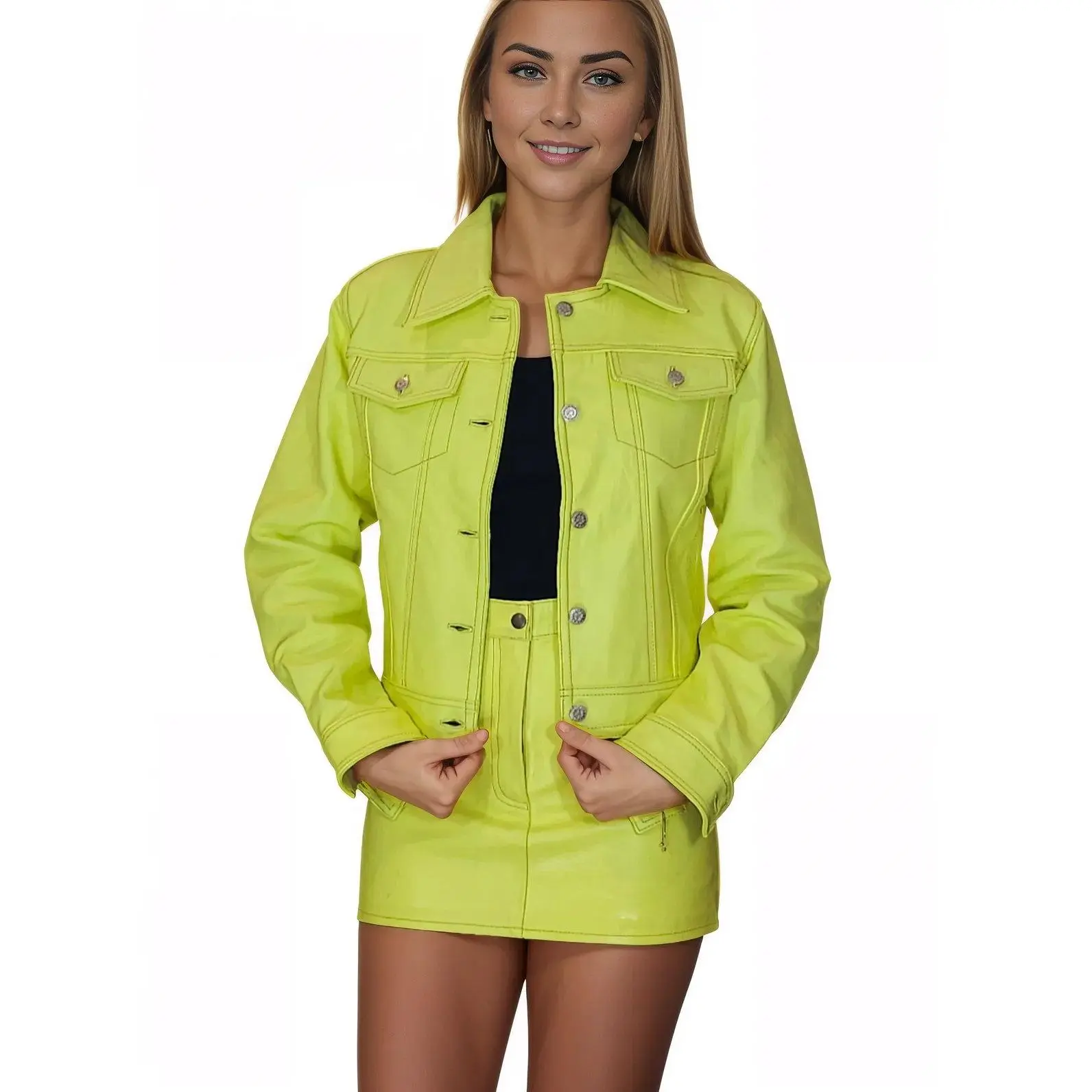 Handcrafted Women's Sheepskin Leather Trucker Jacket – Premium Style Lime Green