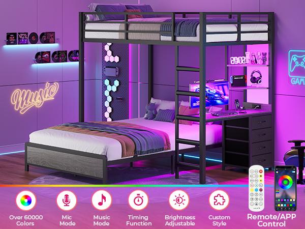 ADORNEVE Twin Over Full Bunk Bed with Desk and Charging Station LED Bunk Beds with Storage Drawers and Shelves Loft Bed with Safety Guardrail Ladder Rgb Led Lights Vertical Sleep Solution