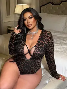 Plus Size Leopard Print Asymmetrical Long Sleeve Bodysuit