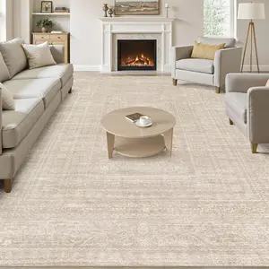 8x10 Area Rugs Living Room: Washable Large Vintage Beige Rug Neutral Non-Slip Soft Stain Resistant Indoor Carpet for Bedroom Nursery Dining Room Table Bed Home Office Playroom