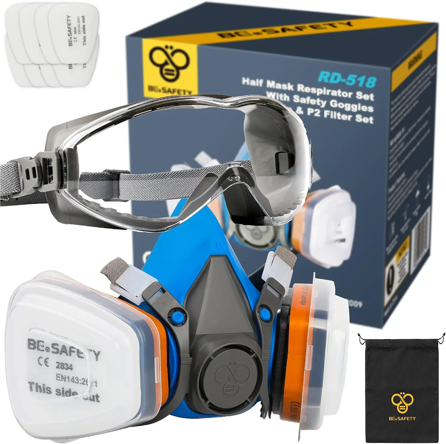Half Face Respirator Mask with Safety Goggles, 2 A1 Organic Vapor & 8 P2 Dust, RD-518 Reusable Respirator for Painting,Dust,Gas, Sanding, Spraying, Chemicals,