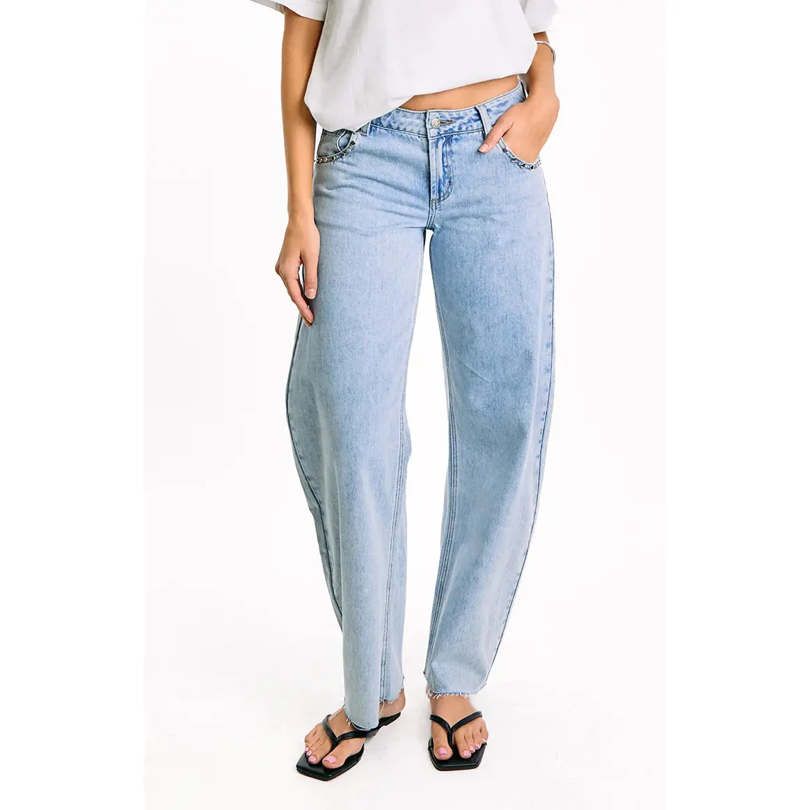 Jannina Light Wash Denim Studded Low Rise Jeans