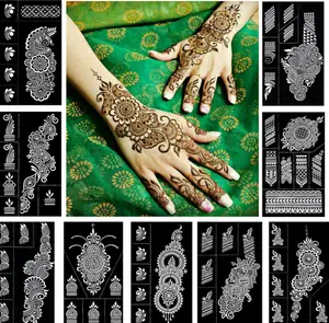 Reusable Henna Tattoo Stencils Kit, Mehendi Stencils for Hands Forearm Glitter Airbrush DIY Tattooing Template,9 Sheet Indian Temporary Tattoo Stickers for Women Girls（8.2" x 4.7"）