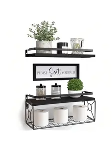 Floating Shelves, Bathroom Shelves Over Toilet With Wall Decor Sign, Wood Wall Shelves With Protective Metal Guardrail & Paper Storage Basket For Bathroom, Bedroom, Living Room, Kitchen