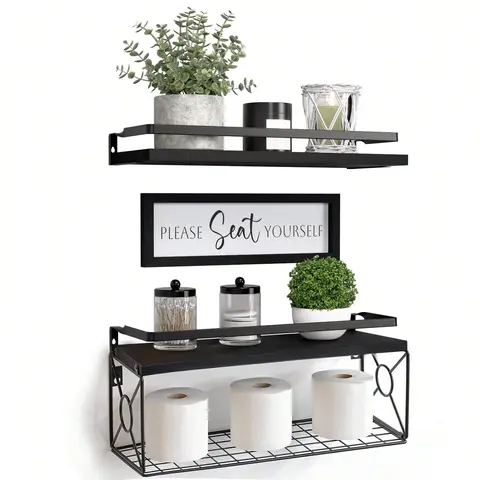 Wood Floating Shelf Set with Protective Metal Guardrail & Paper Storage Basket, Bathroom Over-Toilet Organizer with Wall Decor Sign, Aesthetic Home Decor, Shelves for Bedroom, House & Apartment Accessories