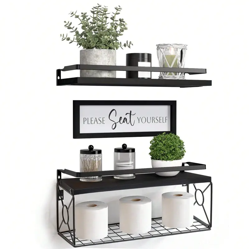 Wood Floating Shelf Set with Protective Metal Guardrail & Paper Storage Basket, Bathroom Over-Toilet Organizer with Wall Decor Sign, Aesthetic Home Decor, Shelves for Bedroom, House & Apartment Accessories