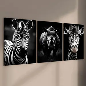 3-count wooden frame canvas, high-end texture animal portrait posters, black and white close-up decoration of wild animals, home decor, modern family posters, corridor wall art, waterproof, Modern Art Design