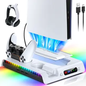 MENEEA Charging Stand with Cooling Fan for PS5 Original/Slim/Pro, Dual Controller Charger Station with 9 RGB Lights, Headset Hook, 3 Cooler Fans and LED, Accessories Kit for PS5/Slim/Pro Console