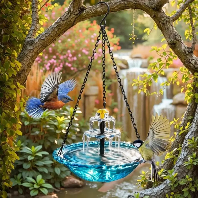 2026 Solar Cascade Hanging Bird Bath Fountain - A three-tier outdoor water feature designed specifically for hummingbirds, easy to clean with a 9.3-inch glass basin, equipped with a solar pump, attracting wild birds to the garden and terrace
