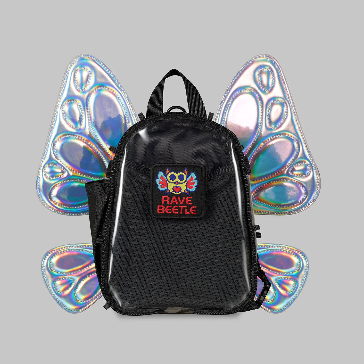 RaveBeetle FLOWt Hydration Festival Pack – Swappable Wing Rave Backpack with 8oz Soft Water Bottle & Light Accessory (Clear)