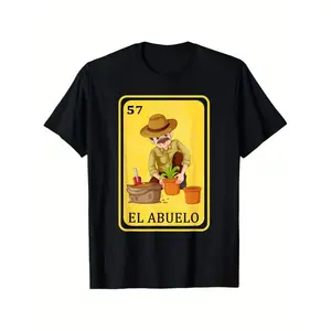 Summer t Shirts Men's Spanish-Mexican Style Funny Graphic T-Shirt, 100% Cotton, Black Crew Neck with "El Abuelo" Print