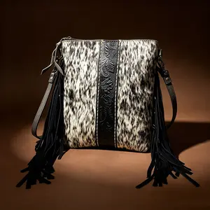 Floral Embossed Tassels Women Cowhide Crossbody Messenger Bag Vintage Horsehair Handbag Genuine Leather Fringe Clutch Purse Phone Bag Shoulder Bags