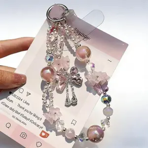Handmade Beaded Bow Phone Wrist Strap with Crystal Tassel Charms, Cute Decorative Phone Bracelet for iPhone & Android