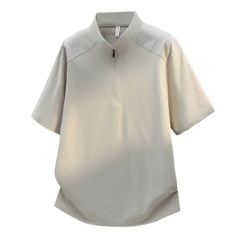 Men's Quarter-Zip T-shirt, Casual Plain Short Sleeve Top with Stand Collar, Premium Quality Polyester for Summer Wear, Stylish, Tops, Foldable, Loose Fit, Street, Valentines Day