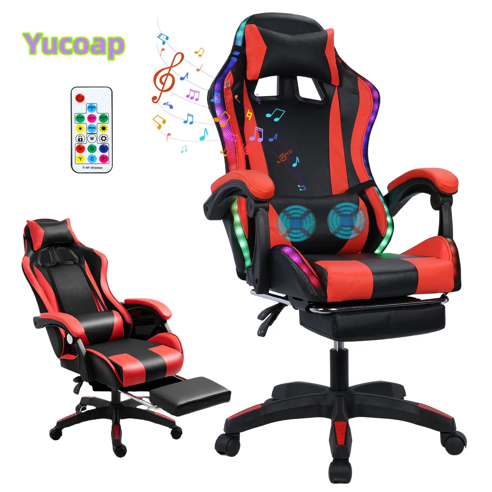 YUCOAP Gaming Chair with Bluetooth Speakers and LED Lights, Reclining Gamer Chair with Retractable Footrest, Adjustable Armrests and Faux Leather Seat