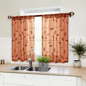 HOMEIDEAS Fall Burnt Orange Sheer Kitchen Curtains 30 X 36 Inch Length 2 Panels Embroidered Leaf Pattern Short Curtains for Small Window Valance Tiers