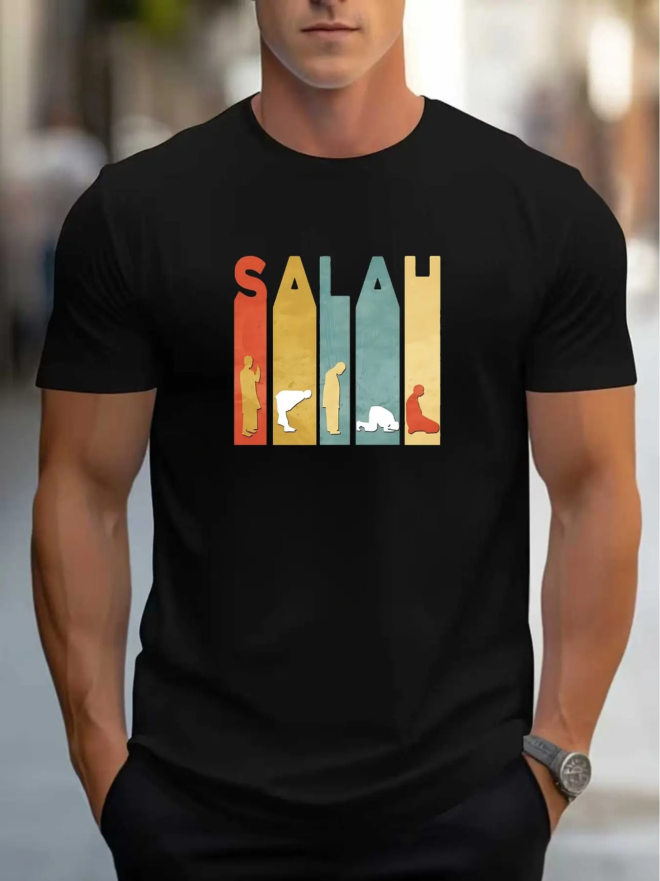 Minimalist Islamic Art Men'S T-Shirt Salah Prayer unisex soft cotton short sleeve t shirt, vintage graphic casual tee for men women teens, perfect birthday holiday gift for camping travel gym daily street  wear