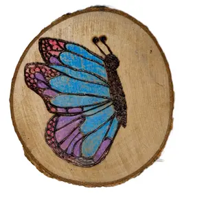 Handmade Butterfly Wood Magnet - Pyrography Art 3-Inch Natural Wood Slice with Colorful Butterfly Design