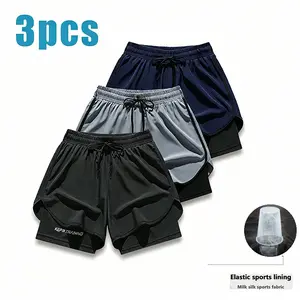 Plus Size Men’s 3-Inch 2-in-1 Running Shorts, Quick-Dry Ice Silk Gym Shorts with Liner for Fitness Training tiktokshopspringglowup,summervibes