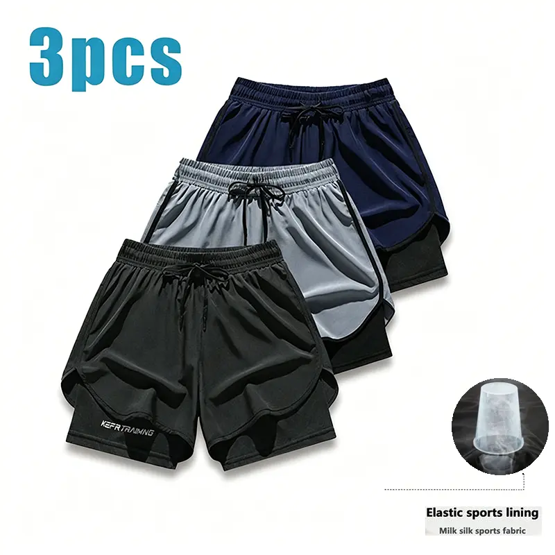 Plus Size Male 3-in 2-in-1 Running Shorts, Breathable Quick-Dry Ice Silk Gym Shorts with Built-in Liner, Drawstring & Casual Fit for Fitness Training