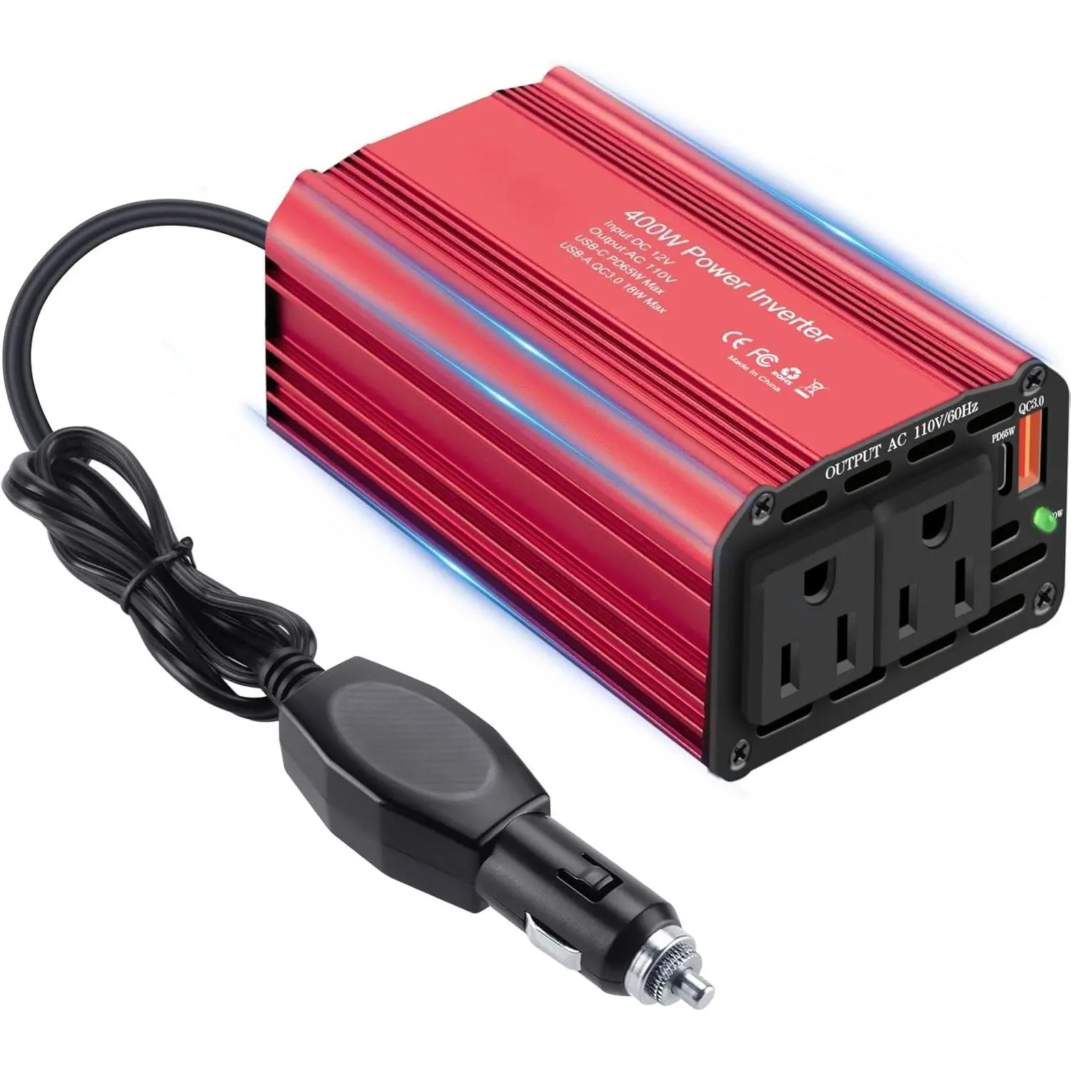 400W Compact Car Power Inverter - 12V DC to 110V AC Automobile Adapter with 65W PD USB-C Port, 18W QC Port, AC Outlet for Camping, Road Trips