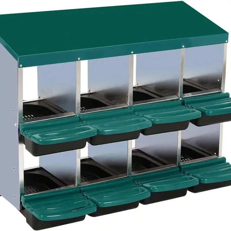 Galvanized Steel & Plastic Chicken Nesting Boxes - 8-Hole/10-Hole Rollaway Design with Perch, Lid Cover, Removable Tray, Auto Collect, Mesh Drains Debris, Easy Installation Options, Reachfree Egg Grab